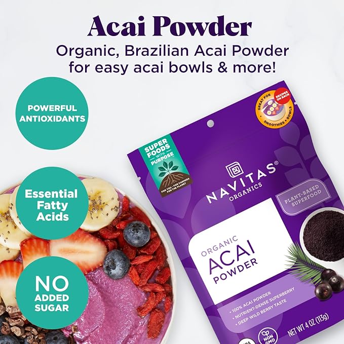 Navitas Organics Acai Powder – for Smoothie Bowls, Oatmeal, Dips, Sauces & More – Antioxidants, Omega 3 6 9, Fiber - USDA Organic, Non GMO, Kosher, Gluten Free, Keto (8oz. Bag, 76 Servings)