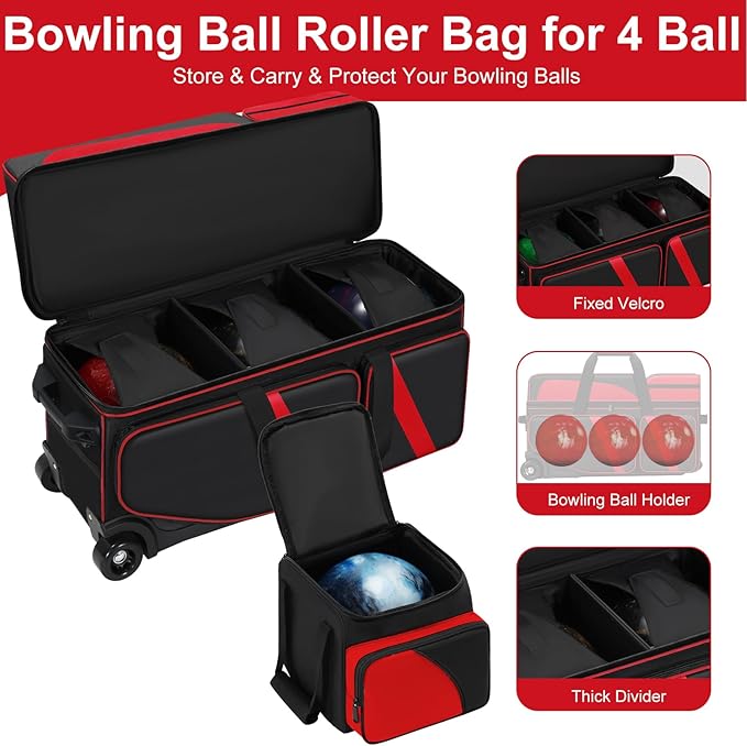 4 Ball Bowling Bag with Wheels, Bowling Bag 4 Ball Roller with Multi-pocket & Shoe Compartment & Retractable Handle, 3 Ball Roller Bag + 1 Ball Color Matching Add On Tote