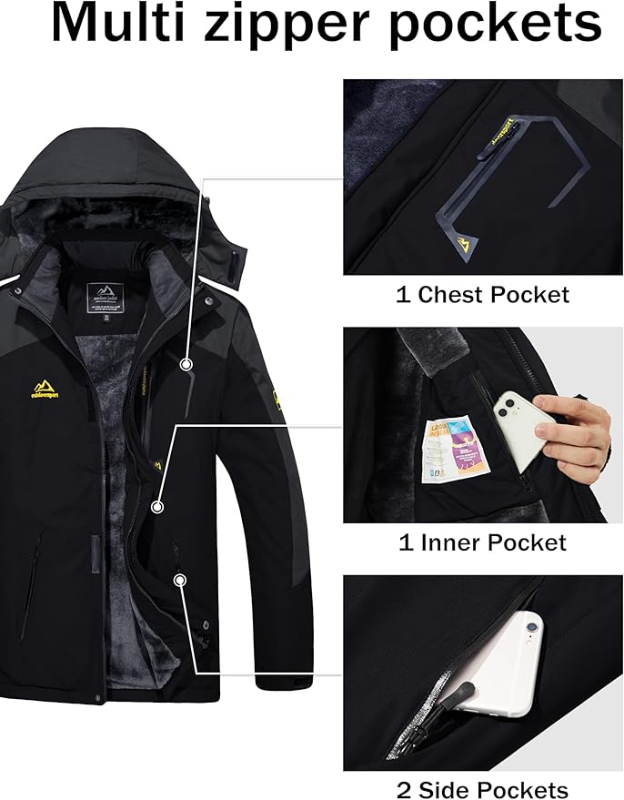 MAGCOMSEN Men's Winter Coats Water Resistant Ski Snow Jacket Warm Fleece Jacket Parka Raincoats With Multi-Pockets