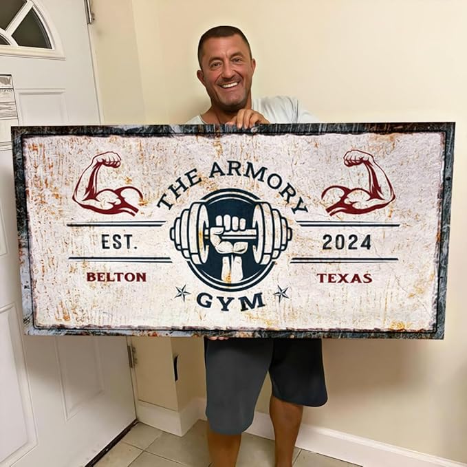 Tailored Canvases Personalized Gym Sign Wall Art Decor - Motivational Canvas for Home Gym, Workout Room, Garage, Fitness Center - Workout Inspirational Posters - One Hand with Dumbbell on Rustic,