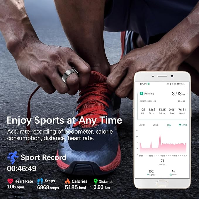 Health Tracker Ring, Smart Health Ring for Women Men with Heart Rate, Blood Oxygen, Sleep Monitor, Steps,Calories, No Subscription Fee, IP68 Waterproof Smart Ring for iPhone & Android (Black, 7#)