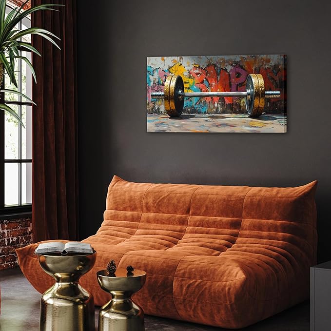 VANSEEING Graffiti Gym Wall Art Canvas Prints Barbell Weightlifting Fitness Picture Sport Motivational Artwork Oil Painting Wall decor for Workout Bedroom Fitness Boys Room 40x20 inch