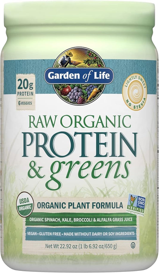 Garden of Life Raw Organic Protein & Greens Lightly Sweet, Vegan Protein Powder for Women and Men, Plant and Pea Protein, Greens, Probiotics, Gluten Free Low Carb Shake Made Without Dairy 20 Servings
