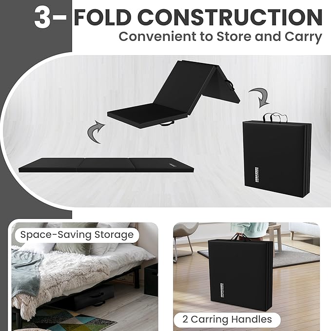 Folding Exercise Gymnastics Mat, 2" Thick Gym Workout Mat with Carrying Handles High-Density Anti-Tear Portable Fitness Aerobics Mats for Home Gym Yoga Pilates Tumbling MMA Core Training