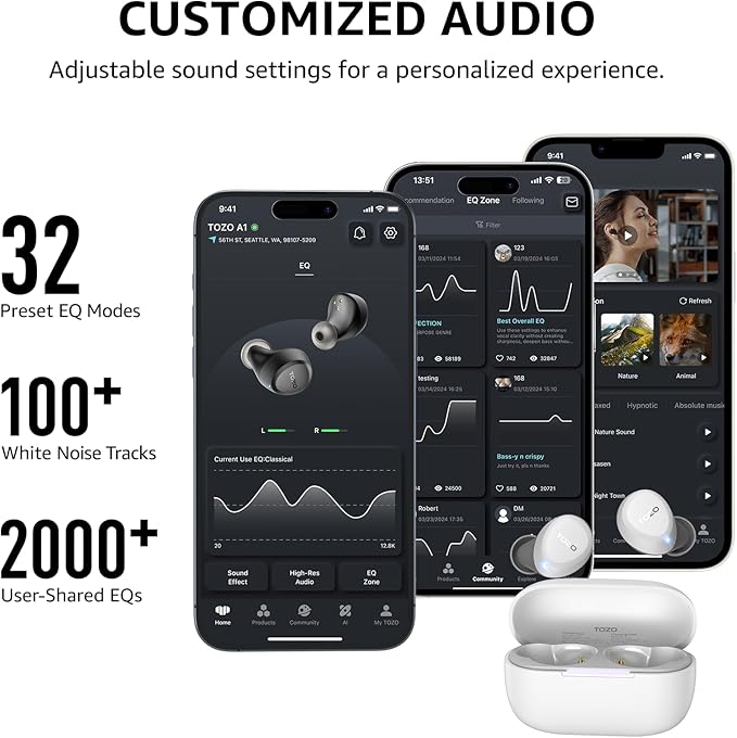 TOZO A1 Wireless Earbuds Bluetooth 5.3 Light Weight in Ear IPX5 Waterproof Headphones 2 Mic for AI Calls, Immersive Premium Sound Bass Headset with Charging Case, 32 Presets EQ Customization via App