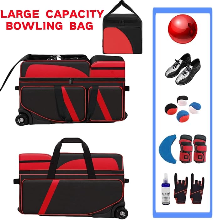 4 Ball Bowling Bags with Wheels, Bowling Ball Bag with Multi-Pockets,4 Ball Bowling Bag with Secure Buckle Fixed Ball Cup & Shoe Compartment,3 Ball Bowling Bag+1 Ball Color Matching Add On Tote