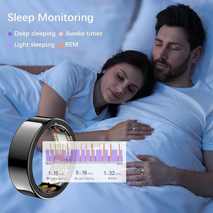 Ring Health Tracker for Women Men, Fit Ring with Heart Rate, Blood Oxygen, Sleep Monitor, Calories, Step Counter, IP68 Waterproof Smart Ring for iPhone & Android, No Subscription Fee (Black, 11#)