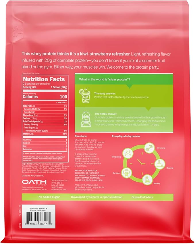 Clear Whey Isolate Protein Powder, Kiwi Strawberry, 20g Complete Protein per Serving, No Added Sugar, Grass-Fed, 21 Servings