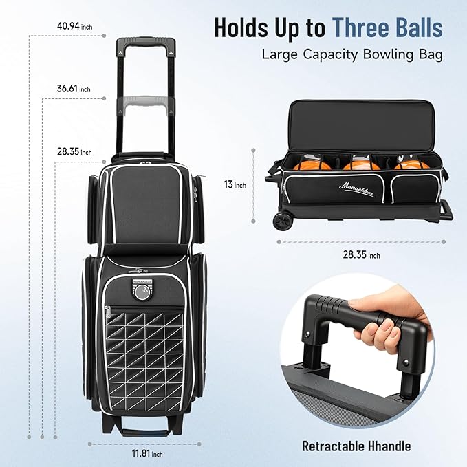MANUEKLEAR 3 Ball Bowling Bags with Wheels, Bowling Ball Bag 3 Ball Roller with Accessory Pockets and Shoe Compartment