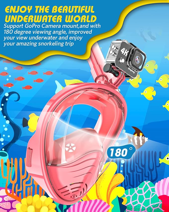 QingSong Kids Snorkel Mask Full Face, Snorkeling Set with Camera Mount, Foldable 180 Degree Panoramic View Snorkeling Gear Anti-Fog Anti-Leak