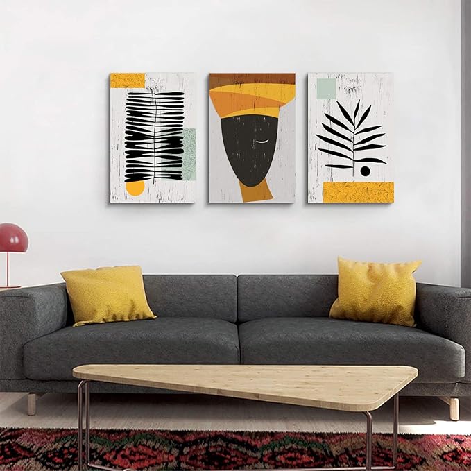 Framed Canvas Wall Art African Ethno Motive Wall Art Set, Abstract Ethno Art, African American Woman Portrait, Black Orange Print, Contemporary Collage, Minimalist (A-3pcs,12x16inchx3pcs)