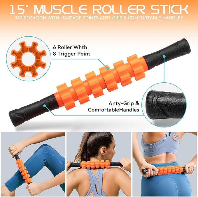 5 in 1 Foam Roller High Density Foam Roller Set for Deep Tissue Muscle Massage, 18" Trigger Point Fitness Exercise Massage Roller, Self-Myofascial Release for Whole Body (Orange)