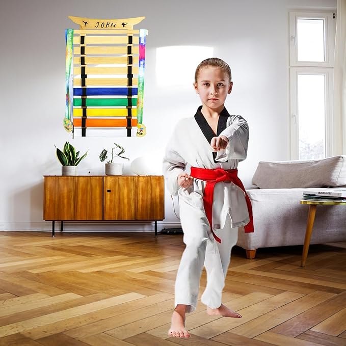 Martial Arts Belt Display Rack, Wooden Wall Mount, Karate and Taekwondo Belt Holder