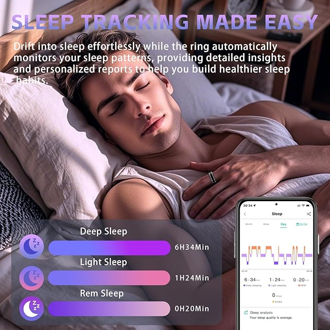 Activity Tracker Ring for Men – Smart Ring with Heart Rate, SpO2, Blood Pressure, Sleep Monitoring, Step & Calorie Counter, 5ATM Waterproof, No Subscription Fee (Black 7)