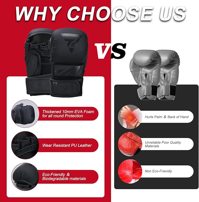 MMA Gloves for Sparring Grappling, Hybrid Open Palm Martial Arts Mitts, Maya Hide Leather Wrist Support, Fighting Combat Sports MMA Boxing Glove for Men Women Punching Bag Muay Thai Training