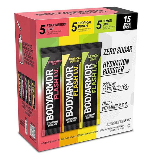 BODYARMOR Flash IV Electrolyte Packets, Strawberry Kiwi, Lemon Lime, & Tropical Punch Variety Pack - Zero Sugar Drink Mix, Single Serve Packs, Coconut Water Powder (15 Count)