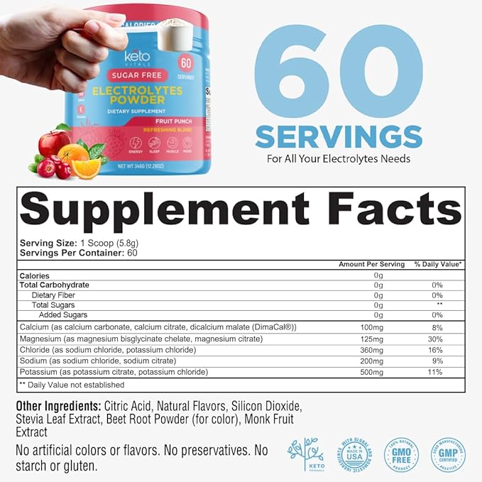 Keto Vitals Keto Electrolytes Powder | Keto-Friendly Electrolytes with Potassium, Magnesium, Sodium, Calcium | Electrolytes Sugar Free | Supplement Energy Drink Mix | Zero Calories, Zero Carbs