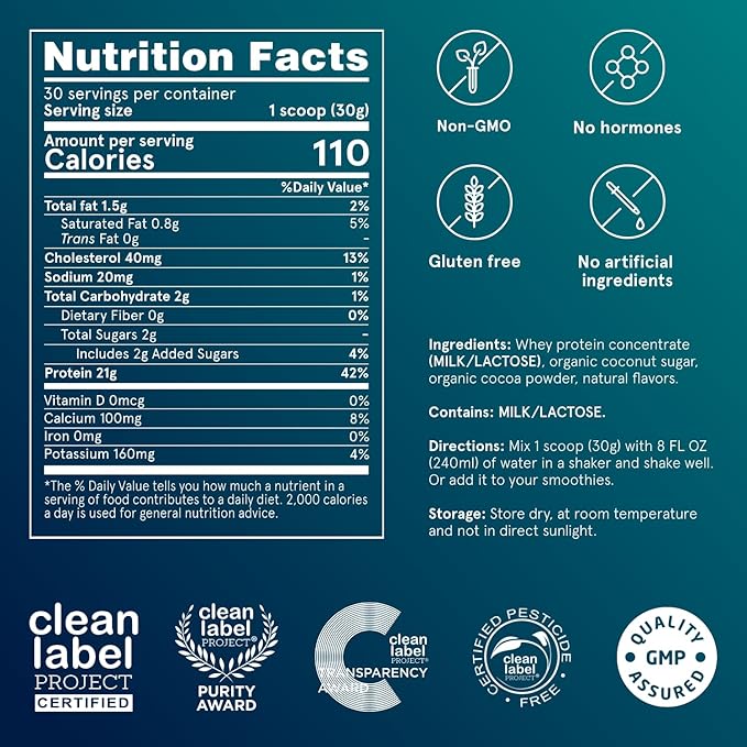 Puori Whey Protein Powder - Dark Chocolate - PW1 Pasture Raised, Grass-Fed & Non-GMO - 100% Natural and Pure for Muscle Growth - 21g Protein 1.98lbs - Gluten-Free