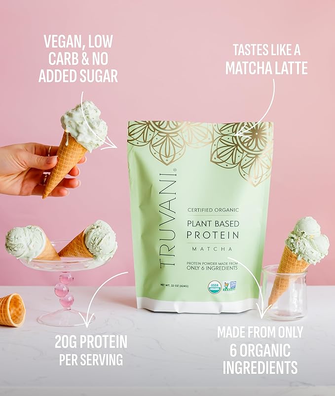 Truvani Vegan Pea Protein Powder | Matcha | 20g Organic Plant Based Protein | 1 Serving | Keto | Gluten & Dairy Free | Low Carb | No Added Sugar