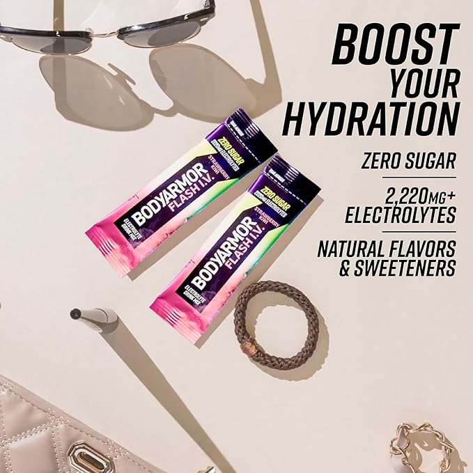BODYARMOR Flash IV Electrolyte Packets, Strawberry Kiwi, Lemon Lime, & Tropical Punch Variety Pack - Zero Sugar Drink Mix, Single Serve Packs, Coconut Water Powder (15 Count)