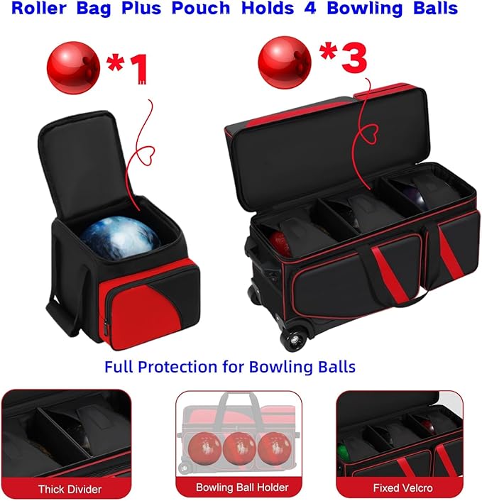 4 Ball Bowling Bags with Wheels, Bowling Ball Bag with Multi-Pockets,4 Ball Bowling Bag with Secure Buckle Fixed Ball Cup & Shoe Compartment,3 Ball Bowling Bag+1 Ball Color Matching Add On Tote