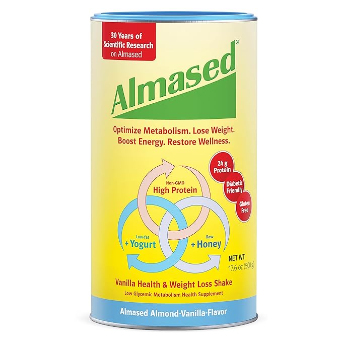 Almased Protein Powder for Weight Loss Kit for Men & Women, Natural Meal Replacement Shake for Weight Loss, Supplement, 24 Grams of Protein Per Serving (Almond Vanilla Flavor, 3 Cans @ 17.6 oz ea + Scoop)