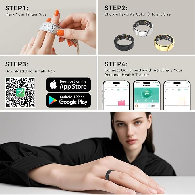 Smart Rings for Women Men,Fitness Tracker Ring,Heart Rate,Blood Oxygen,Blood Pressure,Step Tracker,Sleep Monitoring,No Subscription Fee,IP68 Waterproof Smart Ring for iphone&Android(Black 9)
