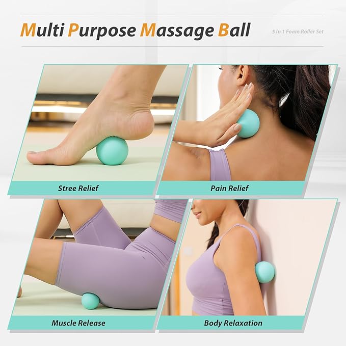 5 in1 Foam Roller Set, Trigger Point Foam Roller, Massage Roller Stick, Massage Ball, Resistance Band for Deep Muscle Massage Pilates Yoga,Fitness Exercise for Whole Body (Pure Turquoise)