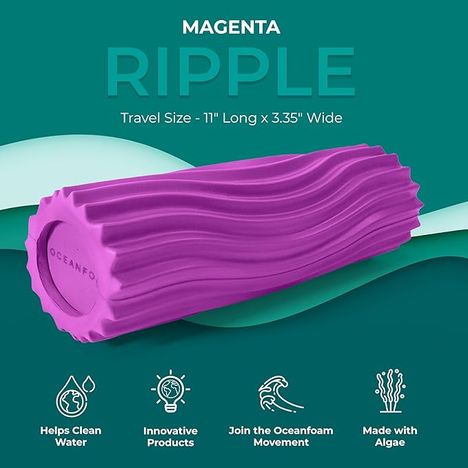 Oceanfoam Ripple Travel Foam Roller (11" x 3.35") Firm Mini Foam Roller for Physical Therapy, Deep Tissue Massage, Back Pain - High Density, Ergonomic Wave Textured - Yoga, Pilates, Exercise (Magenta)