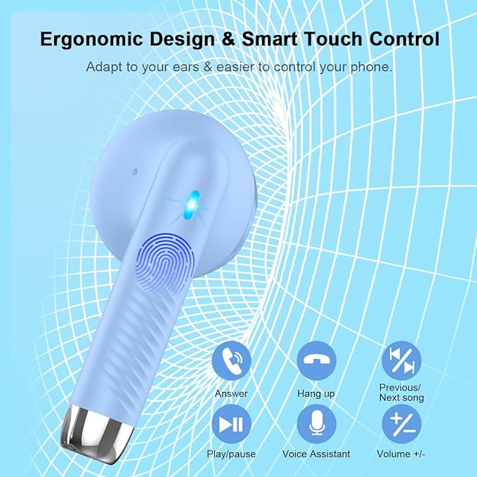 Wireless Earbuds, Bluetooth 5.4 Headphones in Ear with Noise Cancelling Mic, Bluetooth Earbuds Stereo Bass, IP7 Waterproof Sports Earphones, 32H Playtime USB C Charging Buds Light Blue for Android iOS