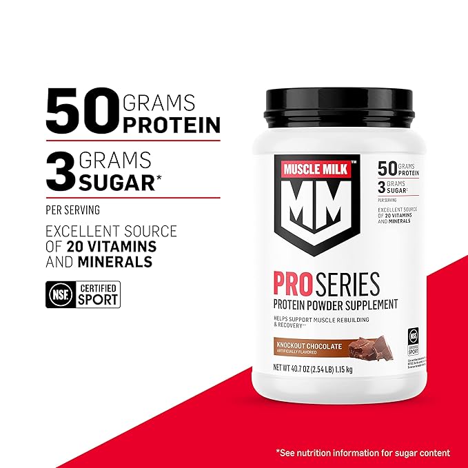 Muscle Milk Pro Series Protein Powder Supplement, Knockout Chocolate, 5 Pound, 28 Servings, 50g Protein, 3g Sugar, 20 Vitamins & Minerals, NSF Certified for Sport, Workout Recovery