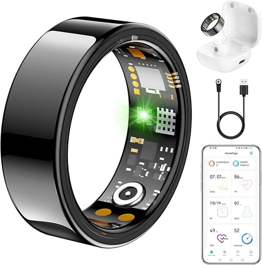 Ring Health Tracker for Women Men, Fit Ring with Heart Rate, Blood Oxygen, Sleep Monitor, Calories, Step Counter, IP68 Waterproof Smart Ring for iPhone & Android, No Subscription Fee (Black, 14#)