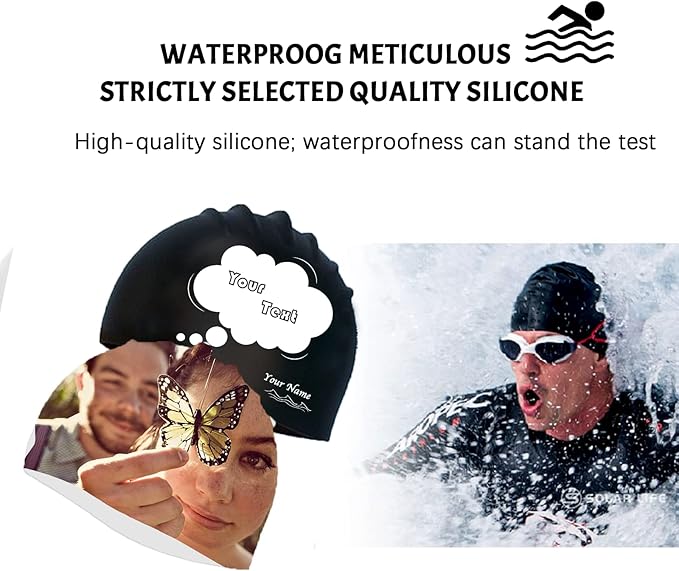 Custom Swim Cap with Photo Personalized Silicone Swim Cap for Men and Women Swimming Customized Swimmers Cap for Short and Medium Length Hair