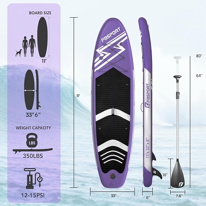 FBSPORT 11' Premium Stand Up Paddle Board, Yoga Board with Durable SUP Accessories & Carry Bag | Wide Stance, Surf Control, Non-Slip Deck, Leash, Paddle and Pump for Youth & Adult