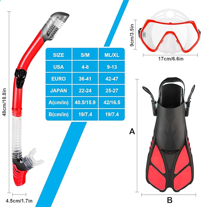 ZEEPORTE Mask Fin Snorkel Set, Travel Size Snorkeling Gear for Adults with Panoramic View Anti-Fog Mask, Trek Fins, Dry Top Snorkel and Gear Bag for Swimming Training, Snorkeling Kit Diving Packages