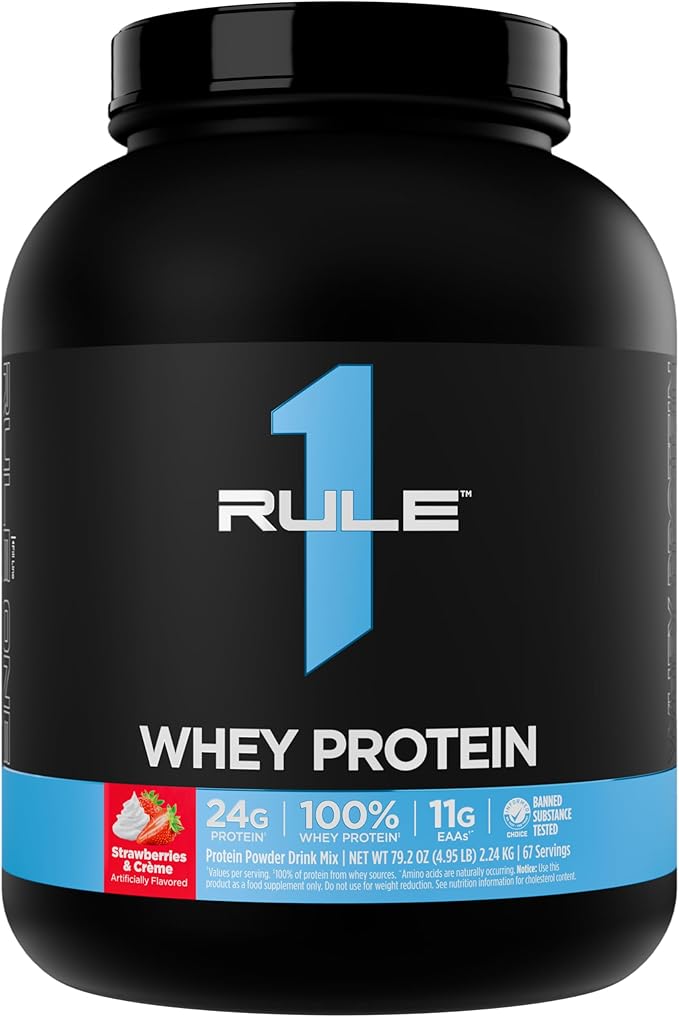 Rule 1 Whey Protein – 24g Fast-Acting Protein from All-Whey Sources with Naturally Occurring EAAs & BCAAs for Workout Recovery or Anytime Use (5 Pounds*, Strawberries & Creme)