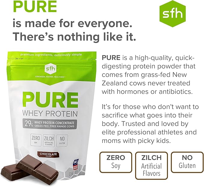 SFH Pure Whey Protein Powder (Chocolate) Best Tasting Grass Fed Whey | All Natural | Non-GMO, No Artificials, Soy Free, Gluten Free | (Chocolate, 31.6 Ounce (Pack of 1)