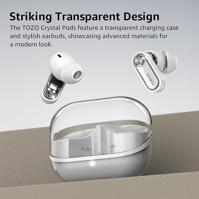 TOZO Crystal Pods Hybrid Active Noise Cancelling Wireless Earbuds, 10mm Drivers Deep Bass Stereo Sound, 4 Mics Smart ENC AI Calls, 32 EQ via App, Bluetooth 5.4 Headphones, Crystal Case Design