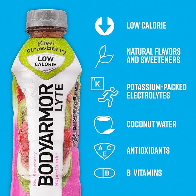 BODYARMOR LYTE Sports Drink Low-Calorie Sports Beverage, Kiwi Strawberry, Coconut Water Hydration, Natural Flavors With Vitamins, Potassium-Packed Electrolytes, Perfect For Athletes, 16 Fl Oz (Pack of 12)