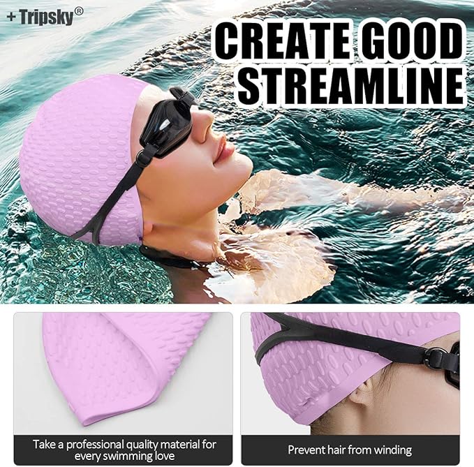 Tripsky Silicone Swim Cap,Comfortable Bathing Cap Ideal for Curly Short Medium Long Hair, Swimming Cap for Women and Men, Shower Caps Keep Hairstyle Unchanged…