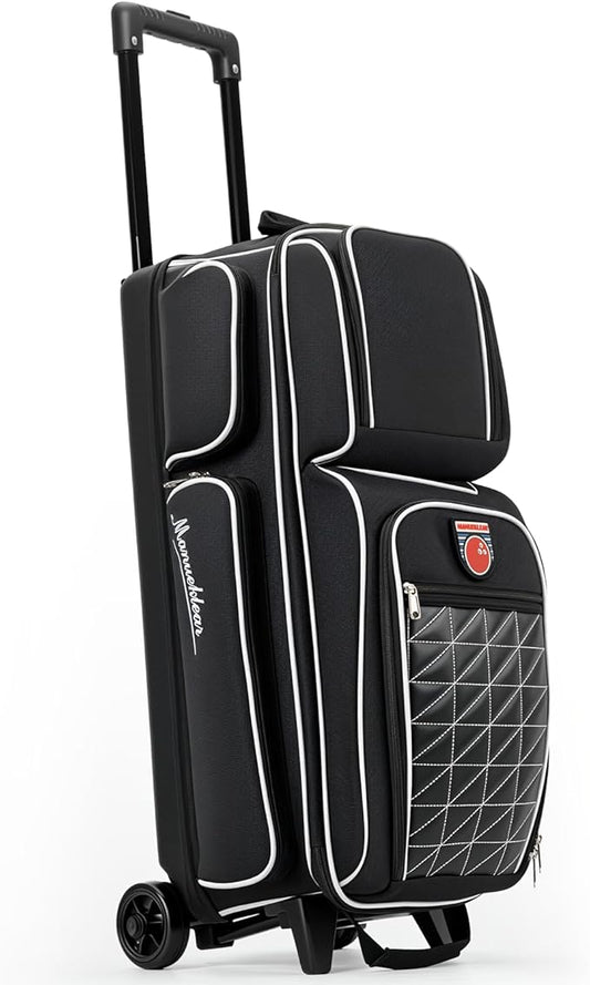 MANUEKLEAR 3 Ball Bowling Bags with Wheels, Bowling Ball Bag 3 Ball Roller with Accessory Pockets and Shoe Compartment