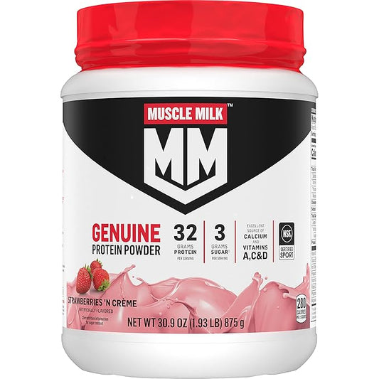 Muscle Milk Genuine Protein Powder, Strawberries ‘N Crème, 1.93 Pounds, 13 Servings, 32g Protein, 3g Sugar, Calcium, Vitamins A, C & D, NSF Certified for Sport, Energizing Snack, Packaging May Vary
