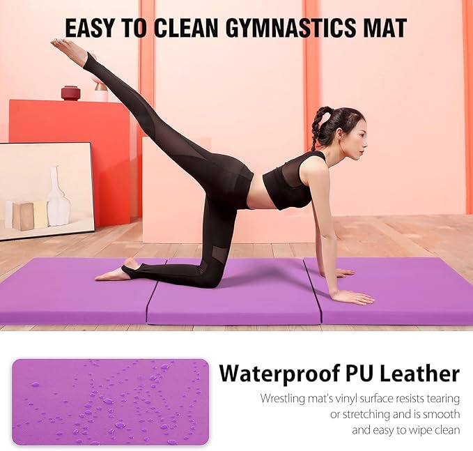 Gymnastics Tumbling Mats Portable Gymnastics Mat Foldable Tumbling Mat 2'x6'/4'x8' PU Leather Exercise Mat Yoga Mat with Carrying Handles for home Workout outdoor Yoga Gymnastics