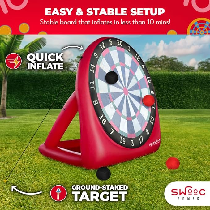 SWOOC Games - XL Giant Kick Darts (Over 8ft Tall) with 15+ Games Included - Jumbo Soccer Darts w/Air Pump - Big Inflatable Games - Carnival Games - Giant Outdoor Games & Activities - Giant Yard Games