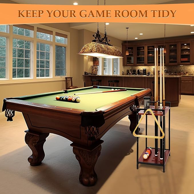 Pool Stick Holder Floor Stand - Multifunctional Billiard Cue Rack Hold 10 Pool Cue, Billiard Balls, Cup, Wood Cue Stick Holder Stand Pool Table Accessories for Game Room Billiard Room Decor Club (Red)