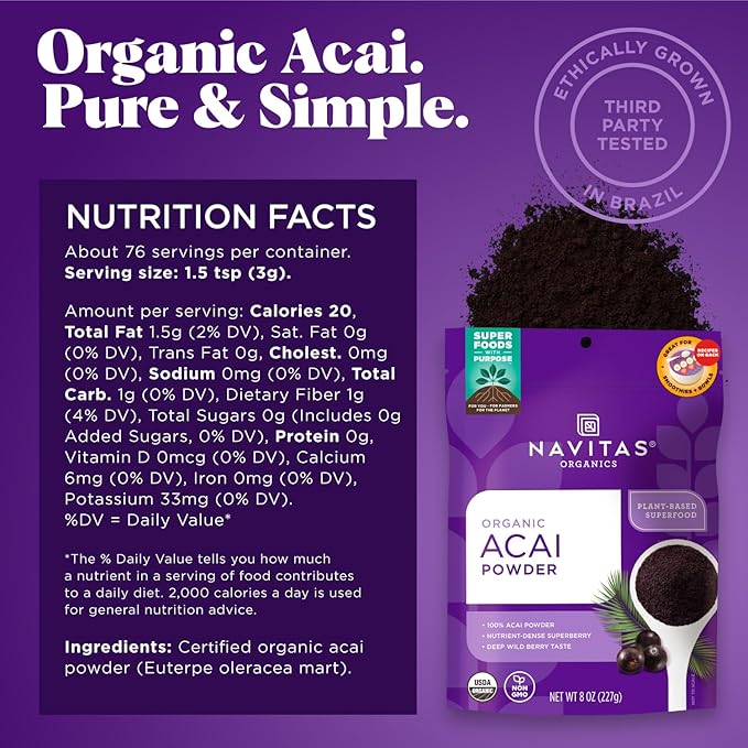 Navitas Organics Acai Powder – for Smoothie Bowls, Oatmeal, Dips, Sauces & More – Antioxidants, Omega 3 6 9, Fiber - USDA Organic, Non GMO, Kosher, Gluten Free, Keto (8oz. Bag, 76 Servings)