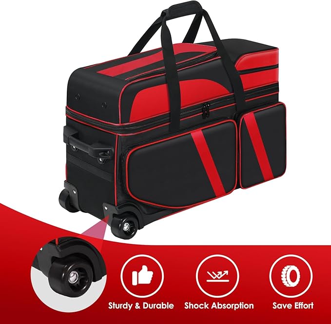 4 Ball Bowling Bags with Wheels, Bowling Ball Bag with Multi-Pockets,4 Ball Bowling Bag with Secure Buckle Fixed Ball Cup & Shoe Compartment,3 Ball Bowling Bag+1 Ball Color Matching Add On Tote