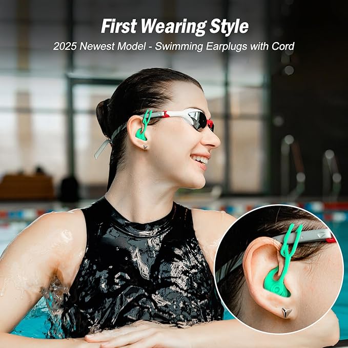 Swimming Ear Plugs for Adults, 4 Pairs Waterproof Reusable Silicone Swim Earplugs with Removable Cord, Perfect for Swimming, Showering, Surfing and Other Water Sports - Two Wearing Styles