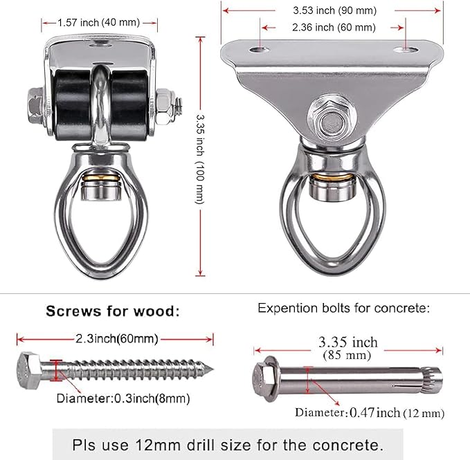 Stainless Steel Punching Bag Hanger with Bearing Heavy Bag Ceiling Mount Hardware 1000 LB Capacity 360° Swivel Hook for Boxing Bag Hanging Hardware Heavy Bag Hanger Mount Hooks with Carabiner