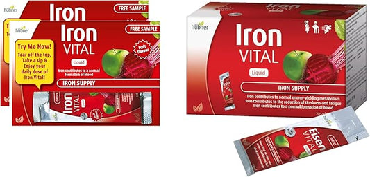 Iron Vital Liquid Iron Supply Plus Vitamin C, Dietary Supplement for Adults and Kids, Vegan and Gluten-Free, Fruit Flavor, Box of 20 Packets + 2 Extra Packets, 10 ml Each